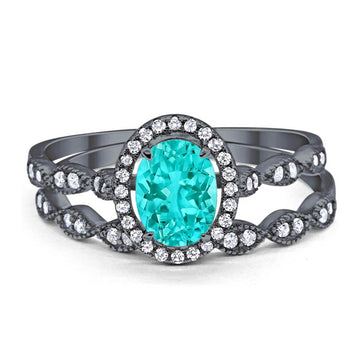 Halo Bridal Set Piece Oval Black Tone, Simulated Paraiba Tourmaline CZ Ring 925 Sterling Silver